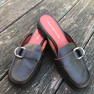Tommy Hilfiger Leather Mule Loafers Dark Brown Red Lining
